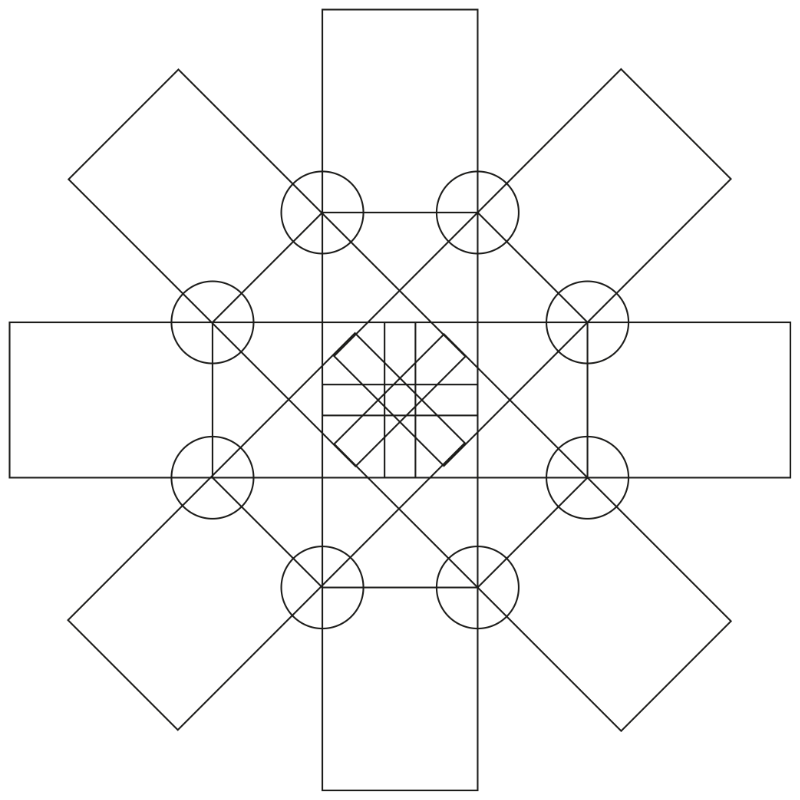 Die Wege im Oktagon als technische Zeichnung mit geometrischer Regelmäßigkeit.